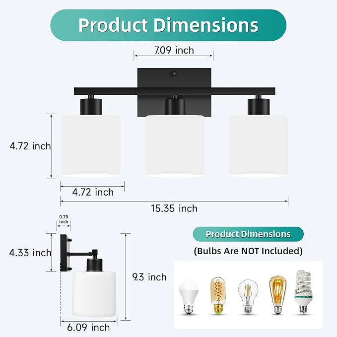 CANMEIJIA 3-Light Bathroom Vanity Light Fixtures, Matte Black Vanity Wall - Image 3