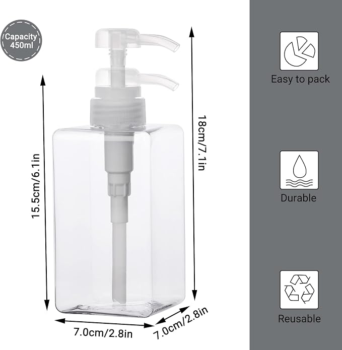 SUREAM Clear Empty Pump Bottles 6 Pack, 15oz/450ml Plastic Refillable Square - Image 3