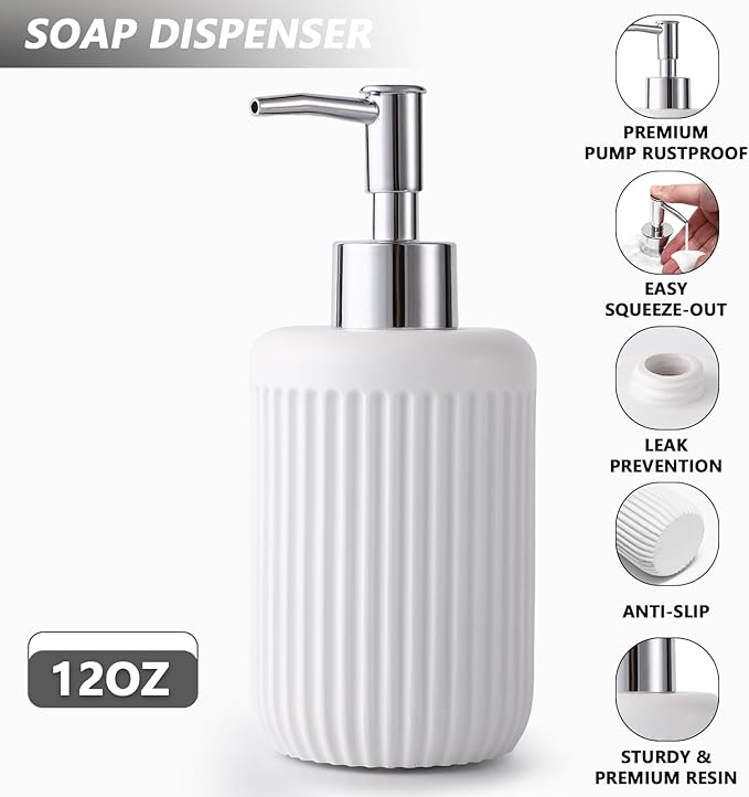Resin White Bathroom Accessories Set 5 Pcs, Lotion Soap Dispenser, Toothbrush - Image 3
