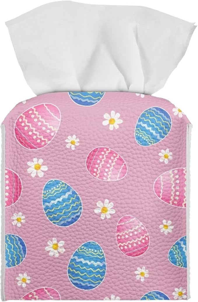 Pink Eggs Flower Tissue Box Case PU Leather Square Modern Asthetic Tissue Box by Pzuqiu