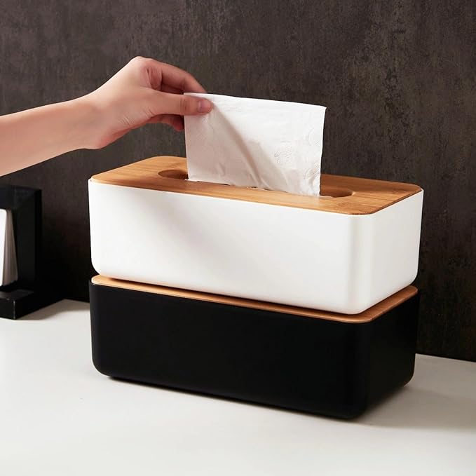 Tissue Box with Bamboo Cover, Plastic Tissue Organizer, Bathroom Tissue - Image 8