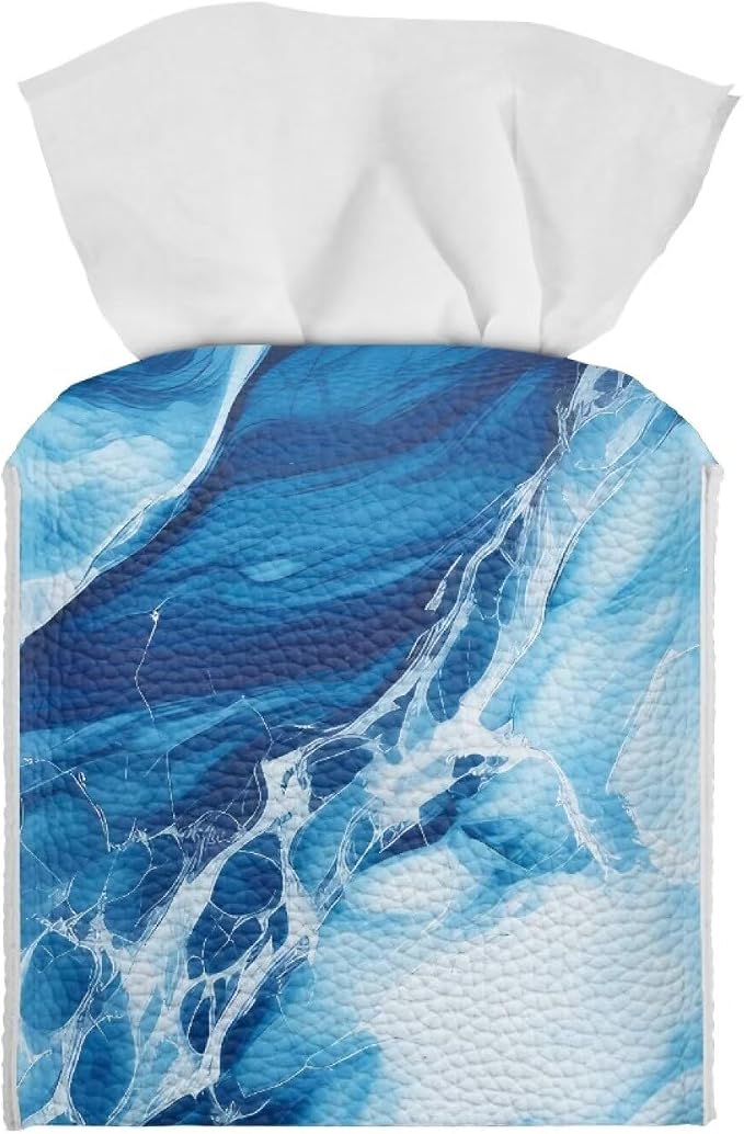 Blue Marble Tissue Box Cover Modern Square Tissue Box Organizer Decorative PU by Pzuqiu