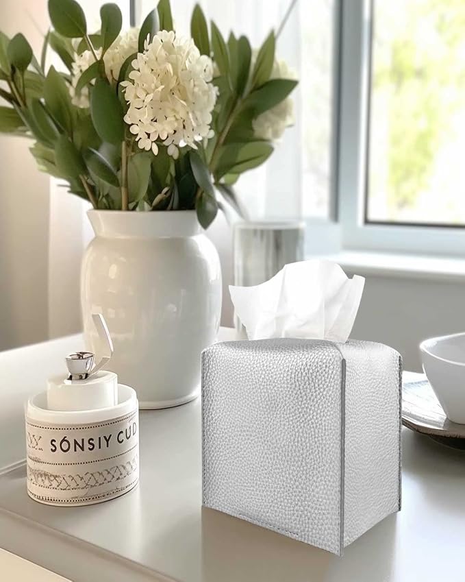 Silver Tissue Box Cover Leather – Square Tissue Box Holder - Image 3