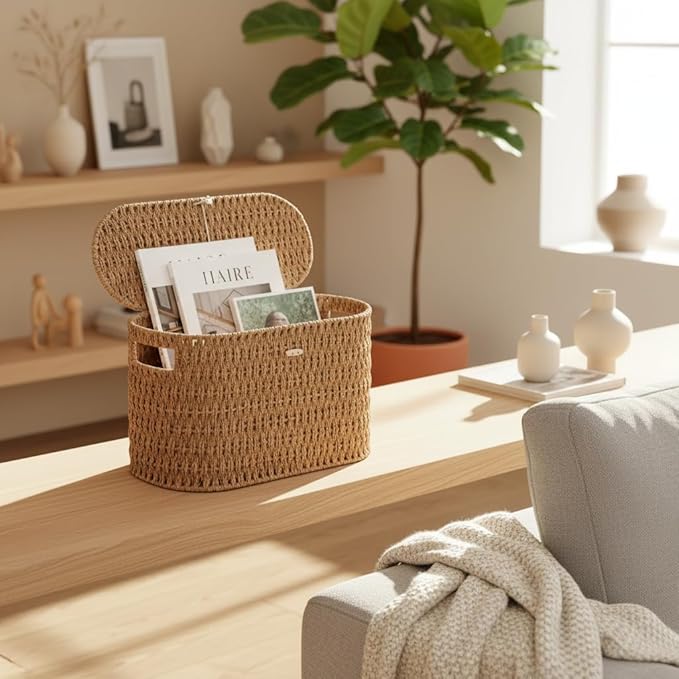 Toilet Paper Basket with Lid, Paper Rope Decor Basket - Image 5