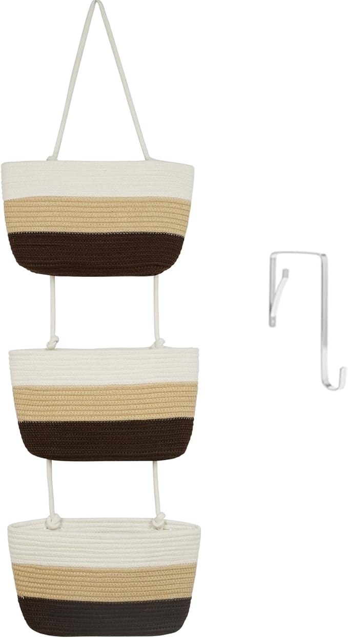 TeoKJ Over the Door Hanging Baskets, 3-Tier Woven Cotton Storage Organizer Bag by TeoKJ