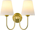 Hardwired White Fabric 2 Light Wall Sconce – Double Headed Cloth Shade Fixture by LEECOORA