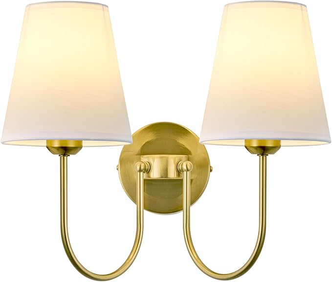 Hardwired White Fabric 2 Light Wall Sconce – Double Headed Cloth Shade Fixture by LEECOORA