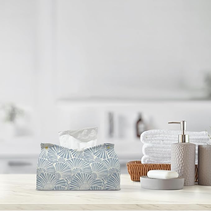 Light Blue Shell Leather Tissue Box Cover Rectangle, Coastal Toilet Paper Box - Image 8