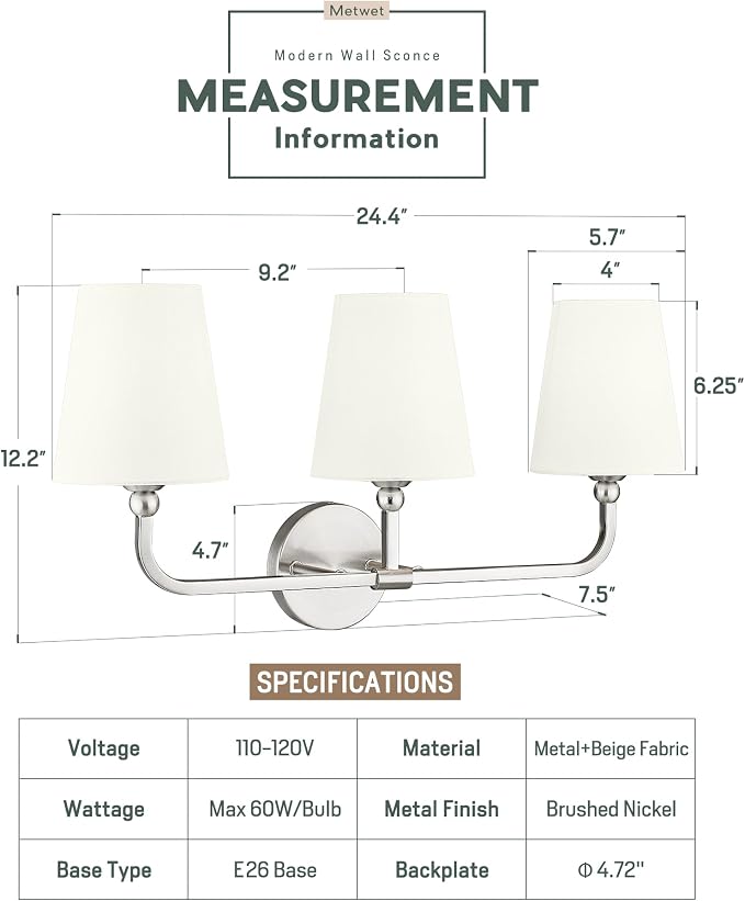 3-Light Bathroom Light Fixtures, Brushed Nickel Vanity Lights - Image 2