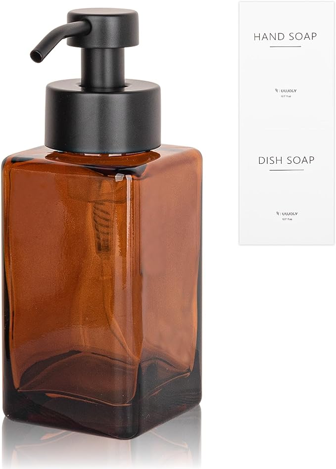 Foaming Soap Dispenser with Stainless Steel Pump, 12oz Refillable Glass Liquid by UUJOLY