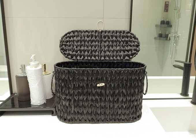 Black Toilet Paper Basket with Lid, Wicker Toilet Paper Storage Stand, Large - Image 9