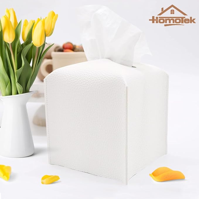 HOMOTEK 2 Pack Tissue Box Cover, Square PU Leather Tissue Holder, Decorative - Image 3