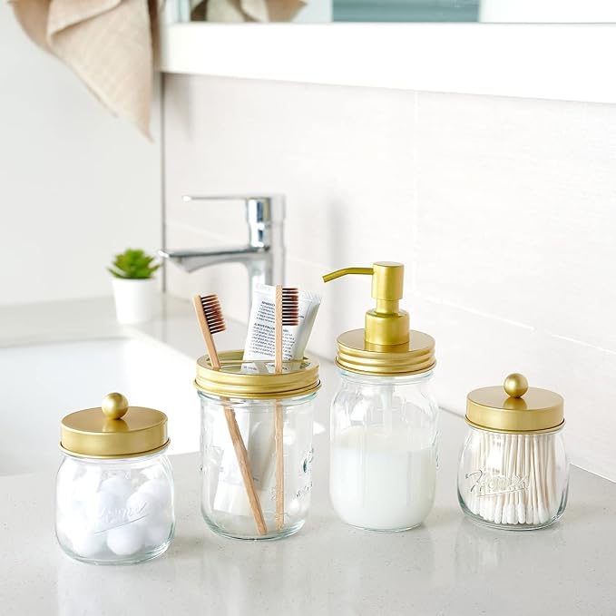 Amolliar Mason Jar Bathroom Accessories Set -Lotion Soap Dispenser & 2 Cotton - Image 6