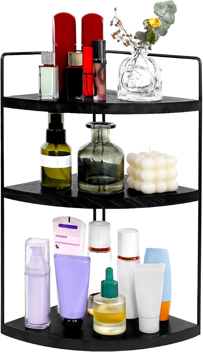 Corner Bathroom Counter Organizer Countertop Black, 3-Tier Corner Shelf Wood by Unknown