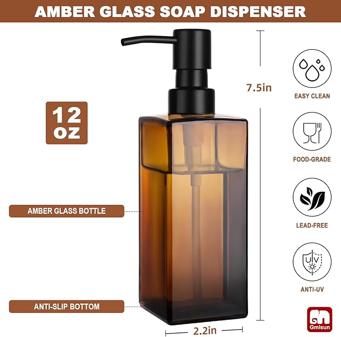 GMISUN Amber Glass Soap Dispenser, Hand Soap Dispenser - Image 2