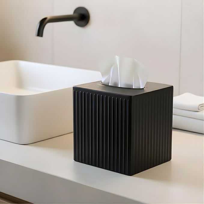 Monarch Abode Tissue Box Cover Square – Handcrafted Ridge Embossed Black Metal - Image 3