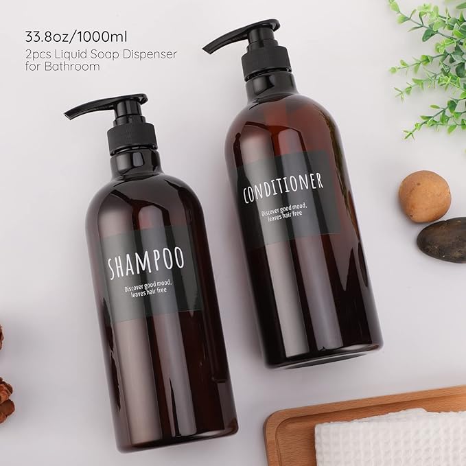 Empty Plastic Bottles with Labels, Segbeauty 33.8oz Large Brown Shampoo - Image 2