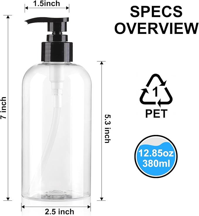 Empty Pump Bottles Dispenser 12.85oz/380ml, Refillable Clear BPA-Free Plastic - Image 2