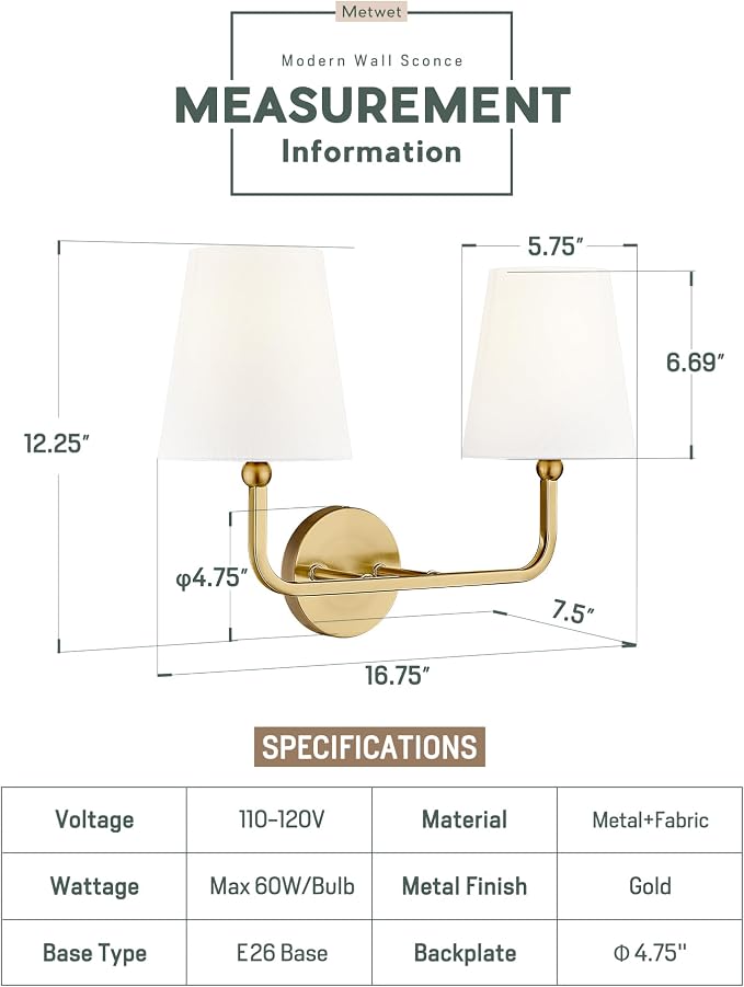 2-Light Bathroom Light Fixtures, Brushed Gold Vanity Lights, Double Wall Sconce - Image 3