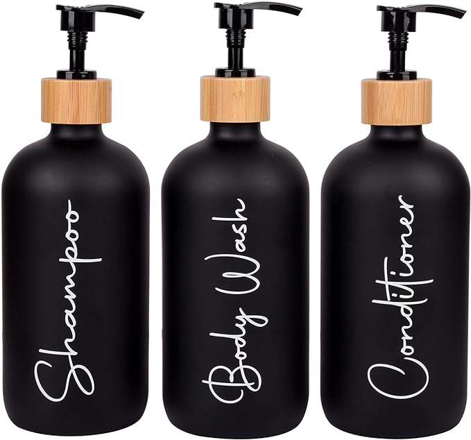 Glass Shampoo and Conditioner Pump Bottles Soap Dispenser Bamboo Pump Head by UUJOLY