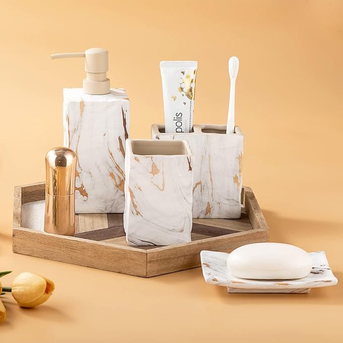 Bathroom Accessories Set 4 Pcs Marble Look Sets Toothbrush Holder Soap - Image 6