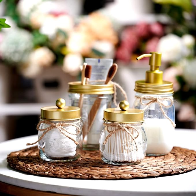 Amolliar Mason Jar Bathroom Accessories Set -Lotion Soap Dispenser & 2 Cotton - Image 7