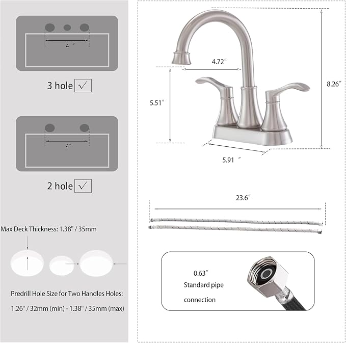 Brushed Nickel Bathroom Sink Faucets, 360° Swivel High-Arc Spout 2-Handle 4 - Image 3