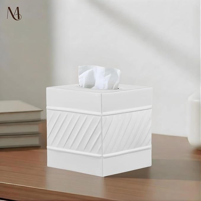 Monarch Abode Tissue Box Cover Square – Handcrafted Wave Embossed White Metal - Image 2