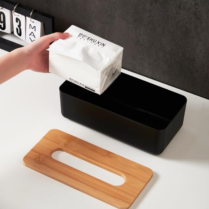 Tissue Box with Bamboo Cover, Plastic Tissue Organizer, Bathroom Tissue - Image 5