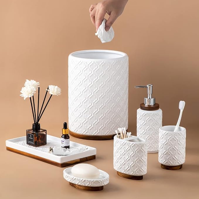 Bathroom Accessories Set 6 Pcs Ceramic Wooden Bathroom Set - Image 4