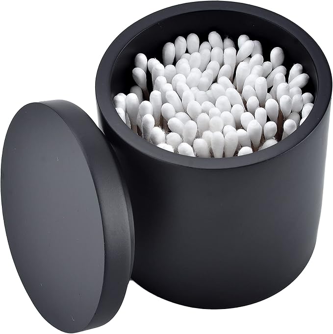 Cotton Swab Holder with Lid, Round Qtip Holder Bathroom Black, Resin Cotton - Image 6