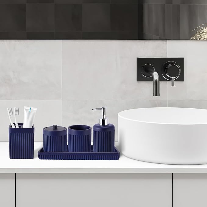 Resin Navy Blue Bathroom Accessories Set 5 Pcs, Lotion Soap Dispenser, - Image 8