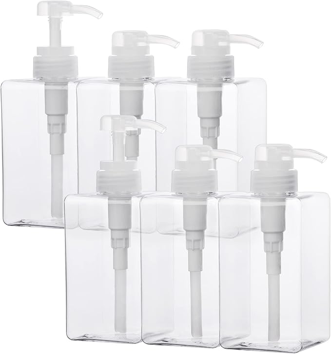 SUREAM Clear Empty Pump Bottles 6 Pack, 15oz/450ml Plastic Refillable Square by Suream