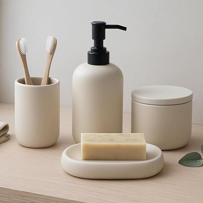Ceramic Bathroom Accessories Set 4 Pcs – Modern Scandinavian Neutral Bathroom - Image 8