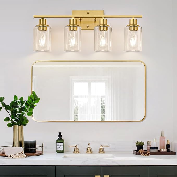 4-Light Vanity Lights with Clear Glass Shades, Brushed Gold Bathroom Light - Image 5