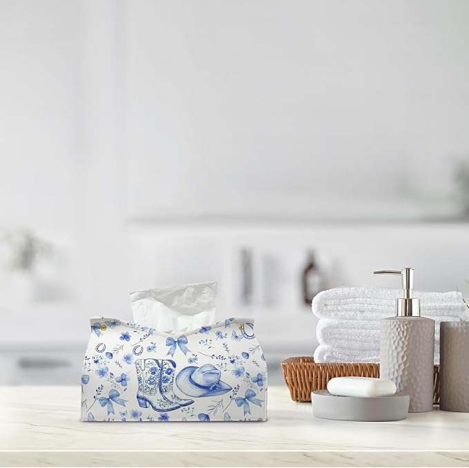 Blue Western Cowgirl Tissue Box Cover Rectangle, Leather Decorative Facial - Image 8
