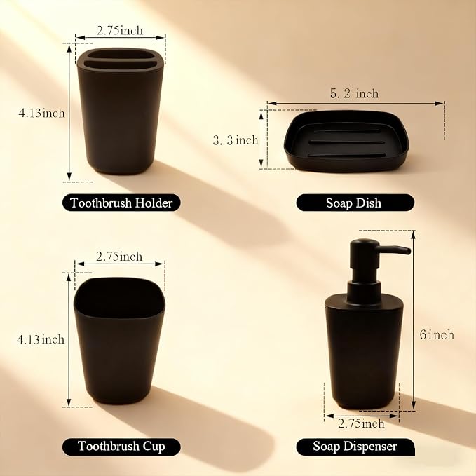 Matte Black Bathroom Accessory Set, 4-Piece Plastic Bathroom Accessory Set - Image 2
