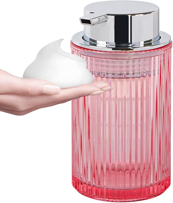 Foaming Soap Dispenser, 12 Oz Pink Glass Foam Hand Soap Dispenser, Refillable by Tonxus