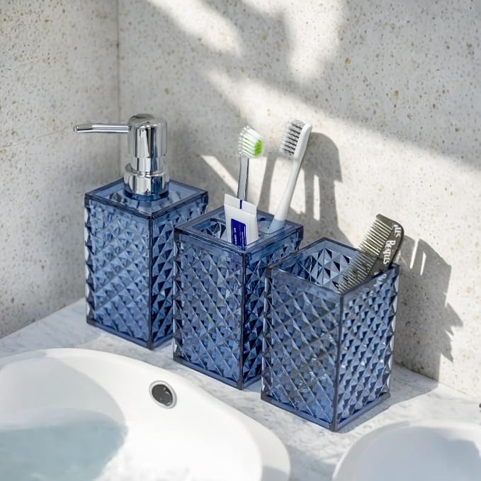Blue Bathroom Accessories Set, Diamond Pattern Bathroom Soap Dispenser and - Image 5