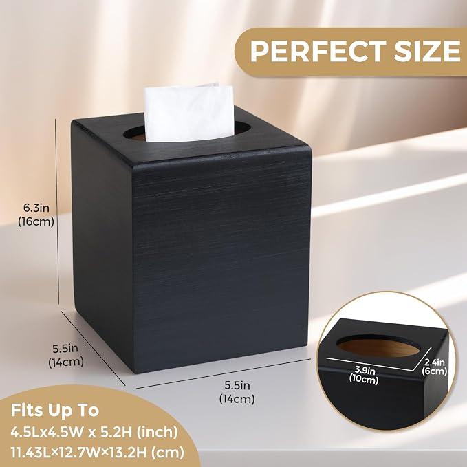 Wood Tissue Box Cover Square, Decorative Cube Facial Wooden Tissue Box Holder - Image 3