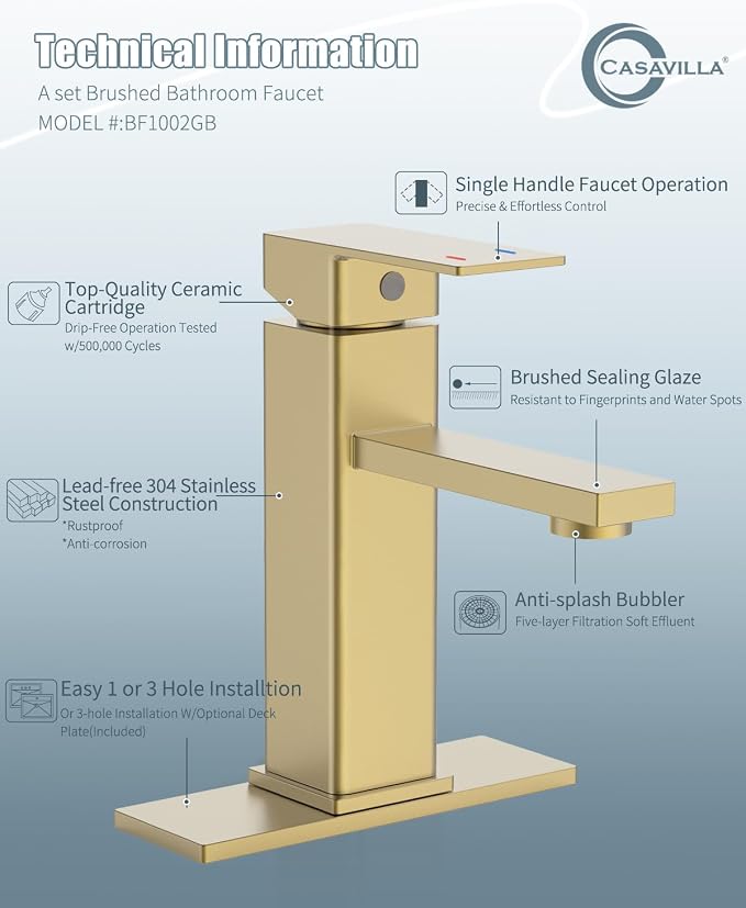 Bathroom Sink Faucet, Brushed Gold Bathroom Faucet 3 Hole - Image 7