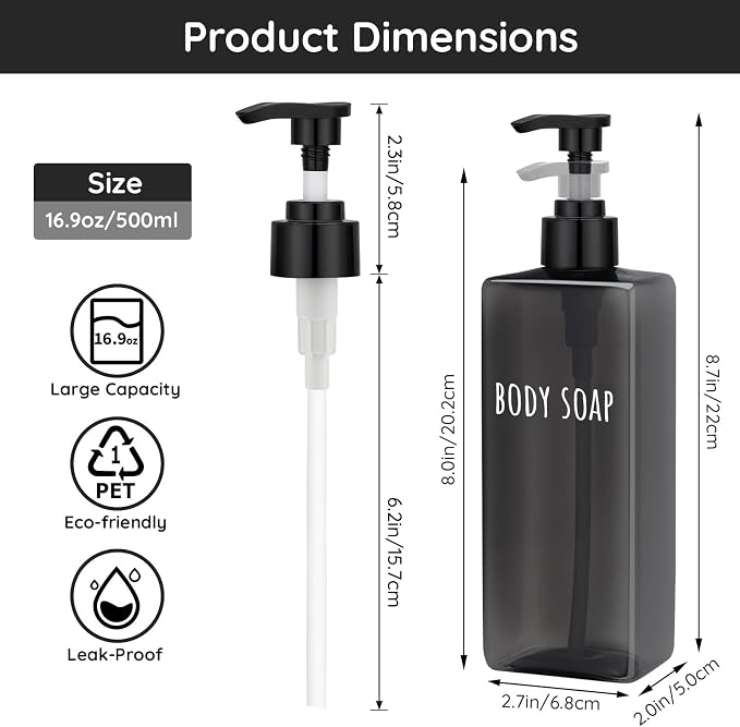 Segbeauty 16.9oz Black Shampoo and Conditioner Dispenser, 500ml Pre-Printed - Image 2