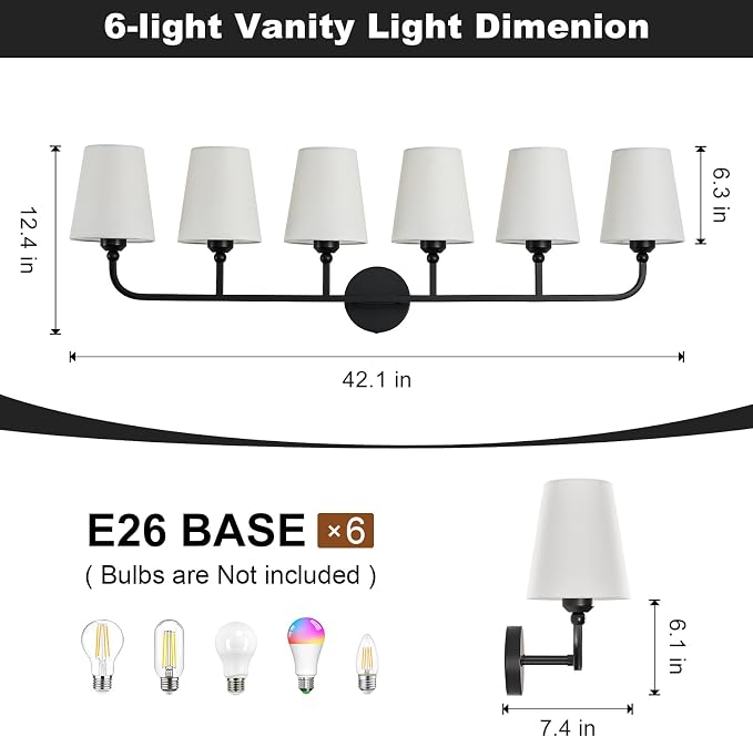 Bathroom Vanity Light, Matte Black Bathroom Light Fixtures, 6-Light Lighting - Image 3