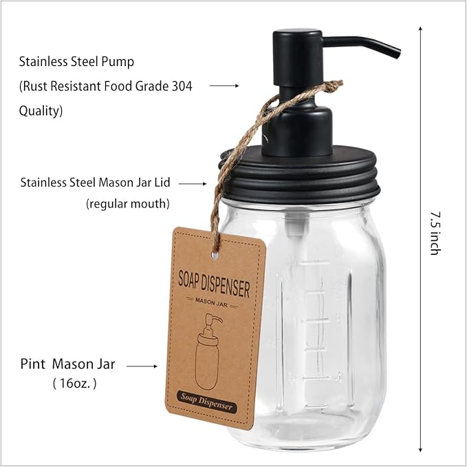 Amolliar Mason Jar Bathroom Accessories Set -Lotion Soap Dispenser &Cotton Swab - Image 3