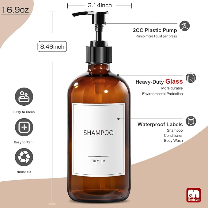 GMISUN Glass Shampoo and Conditioner Dispenser, Shower Soap Dispenser Bottles - Image 3