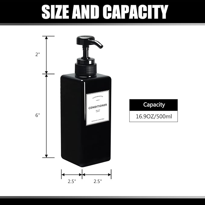 Black Shampoo Dispenser with Pump, YACEYACE 16.9oz Set of 3 Shampoo Bottles - Image 3