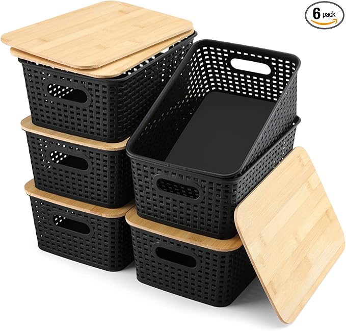 AREYZIN Storage Bins with Bamboo Lids Set of 6 Lidded Storage Container Plastic by AREYZIN
