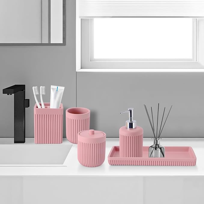 Resin Pink Bathroom Accessories Set 5 Pcs, Lotion Soap Dispenser, Toothbrush - Image 8