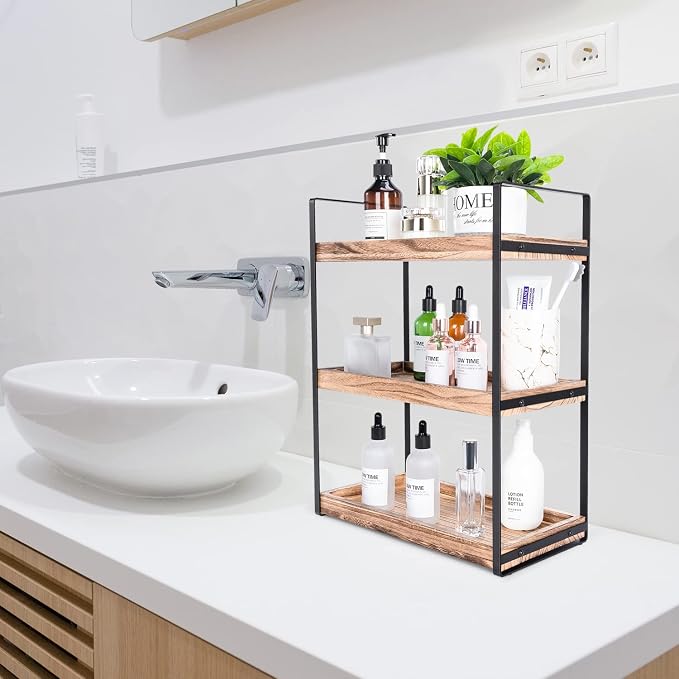 3-Tier Countertop Organizer for Bathroom Counter Stylish Wood Bathroom Vanity - Image 2