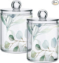2 Pack Qtip Holder Dispenser for Cotton Ball Watercolor Green Eucalyptus Leaves by ALAZA